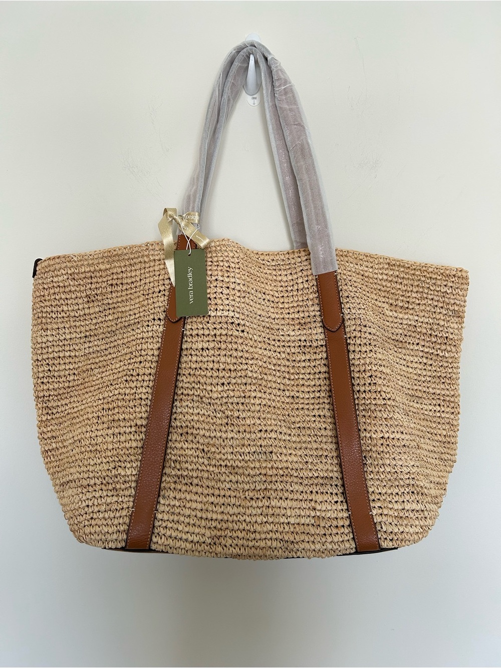 Vera Bradley Hathaway Tote Bag Raffia with full Grain Cowhide Trim NEW